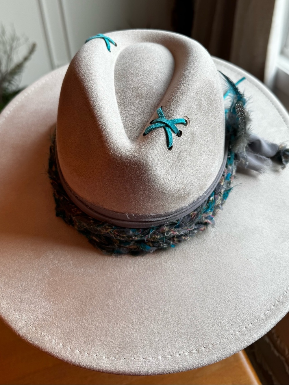Hand Crafted Cream Vegan Suede Wide Brim Hat with Teal/Gray Accents - Picture 8 of 11